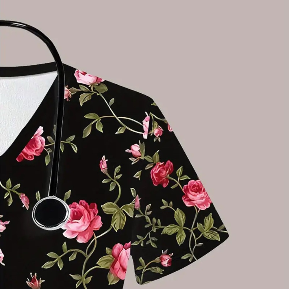 Scrubs Floral V-Neck Nurses Women's Top - Picture 4 of 5